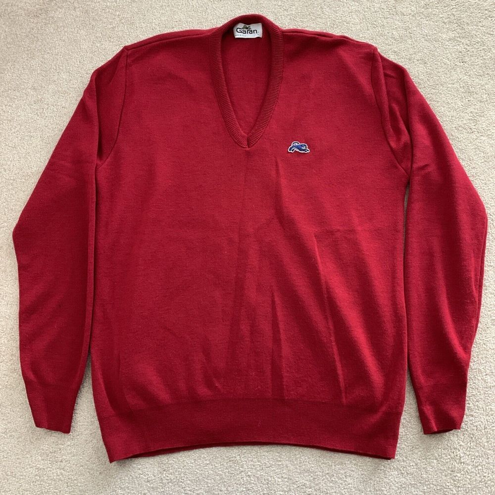 Garan‎ Embroidered Sweater Pullover V Neck Tiger Logo L Red Made in USA Acrylic